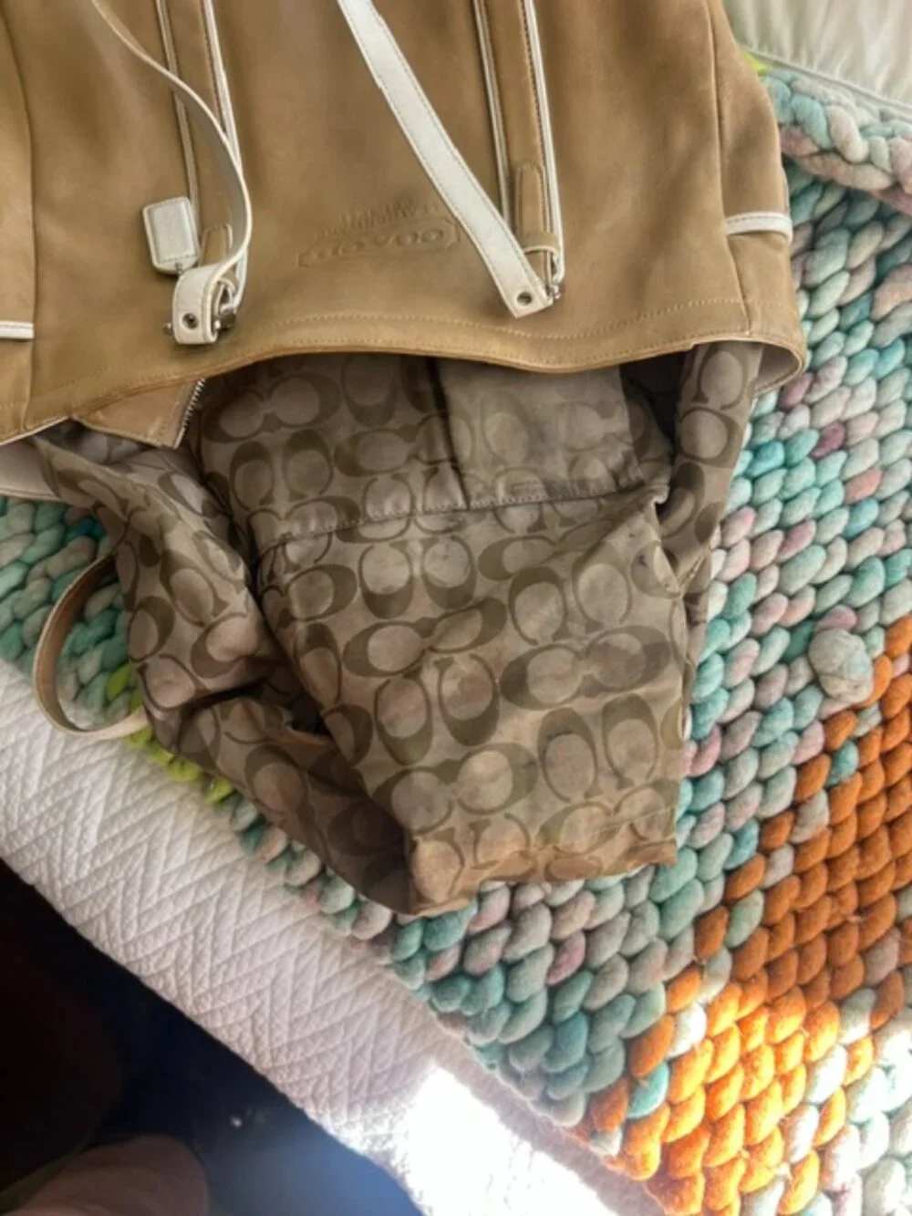 Vintage Coach Tan & White Trim Tote Bag